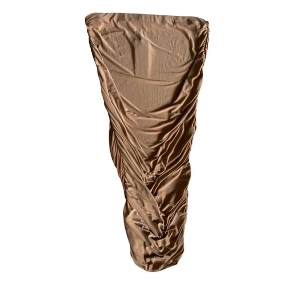 Ruched Slinky Midi Skirt Caramel Brown Size Tall 14 Sexy Bodycon Tight Stretch - Picture 3 of 4
